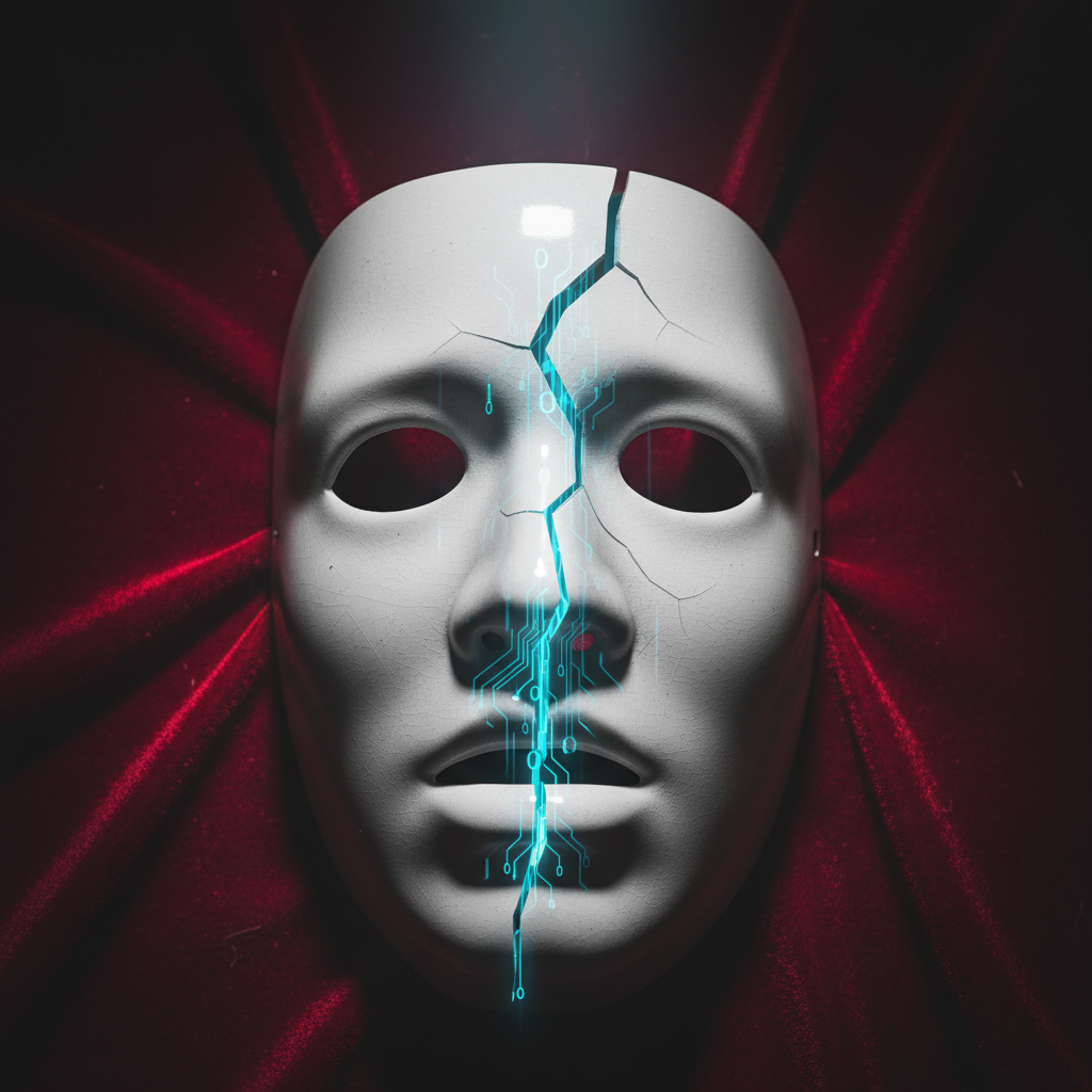 Hyperrealistic photo of a classic white ceramic tragedy mask resting on a dark, rich red velvet cloth, reminiscent of a theater stage. The mask has a prominent crack running down its center, from which vibrant, glowing blue circuit board lines and faint binary code (0s and 1s) are visible. The shot is an extreme close-up captured with a Canon EOS R5 and a 100mm macro lens at f/2.8. Lighting is a dramatic, single spotlight from directly above, creating deep, dark shadows in the mask's eye sockets. The image uses a modern filter with high contrast, which makes the blue glow of the circuitry pop against the desaturated tones of the mask and velvet.