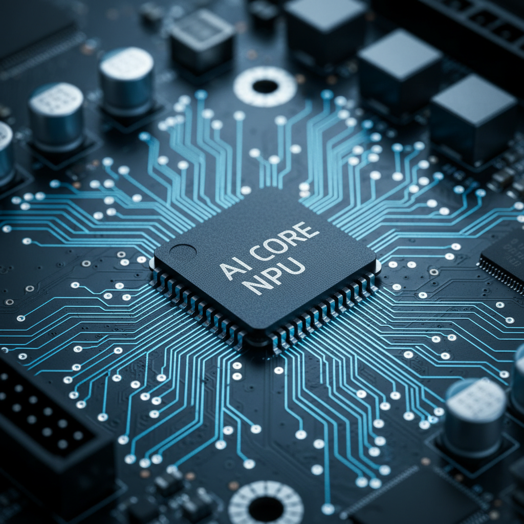 Extreme close-up, macro shot of a computer motherboard with a prominent, square NPU (Neural Processing Unit) chip at the center. The chip has a matte black finish with subtle, silver text that reads 'AI CORE NPU'. Glowing, thin blue lines, representing data pathways, are visibly etched into the circuit board, converging and diverging from the NPU. The surrounding components, like capacitors and resistors, are slightly out of focus, creating a shallow depth of field that emphasizes the chip. Shot with a Sony A7R IV with a 90mm macro lens, f/4, modern filter with a cool, blue-tinted technological vibe, and studio lighting that creates sharp highlights on the chip's edges.