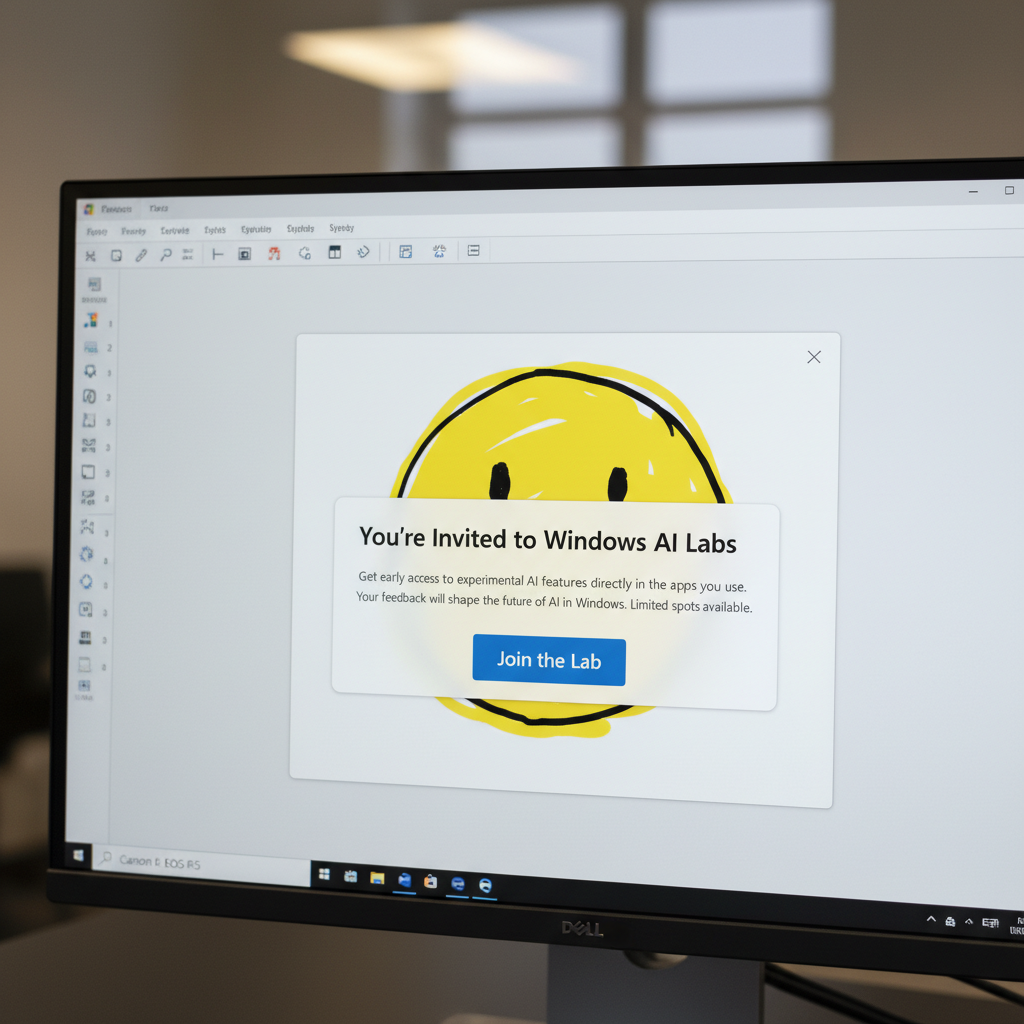 Hyper-realistic close-up shot of a 27-inch Dell UltraSharp 4K monitor screen. The screen displays the Windows 11 desktop with the Microsoft Paint application open. The Paint canvas shows a simple, child-like drawing of a yellow smiley face. A modern, Fluent Design pop-up notification is perfectly centered over the application, with the title 'You're Invited to Windows AI Labs'. Below the title, the text reads: 'Get early access to experimental AI features directly in the apps you use. Your feedback will shape the future of AI in Windows. Limited spots available.' The pop-up has a single, vibrant blue button with the text 'Join the Lab'. The shot is slightly angled, showing the thin bezel of the monitor. The lighting is soft, simulating an office environment, with a subtle reflection on the screen. Shot with a Canon EOS R5, 50mm lens, f/2.8, modern filter with true-to-life colors and sharp focus on the pop-up text.