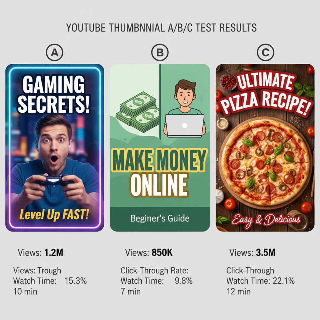 Side-by-side comparison of three different YouTube thumbnail variations showing different designs, colors, and text overlays with performance metrics displayed below each thumbnail