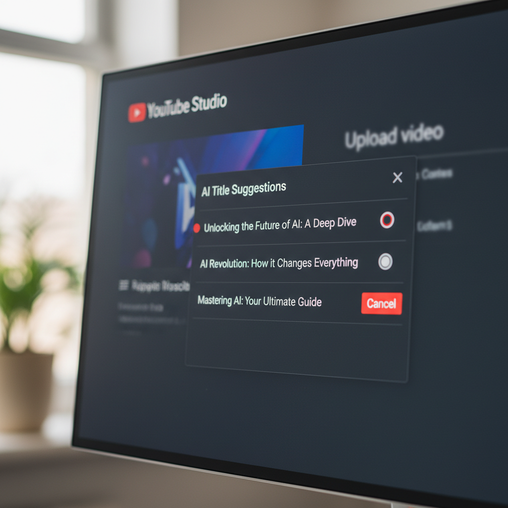 Extreme close-up shot of a modern, bezel-less monitor screen displaying the YouTube Studio interface. The main focus is on a pop-up window titled 'AI Title Suggestions'. Inside the window, three distinct, algorithm-generated titles are listed next to radio buttons, with one pre-selected. To the left, a blurred background shows the video upload page with a video thumbnail visible. The interface uses YouTube's standard dark mode theme with white text and red accents. Shot with a Sony A7 IV camera using a 90mm macro lens, f/2.8, capturing crisp details of the pixels on the screen. The lighting is soft and ambient, coming from a nearby window, creating a realistic office environment. Modern filter with high clarity and neutral colors.