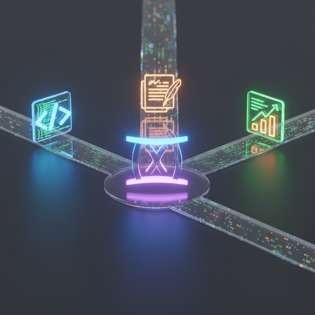 Ultra-realistic 3D render of a central, glowing Gemini AI logo icon. Three distinct, illuminated pathways branch out from it. The first path leads to a 3D icon of code brackets (`</>`), representing the developer program. The second path leads to a 3D icon of a document with a pen, symbolizing content creation. The third path leads to a 3D icon of a rising bar chart, signifying business integration and growth. The entire composition is on a clean, dark gray background with soft studio lighting, creating subtle shadows and reflections. Rendered with Octane Render, 4K resolution, photorealistic materials.